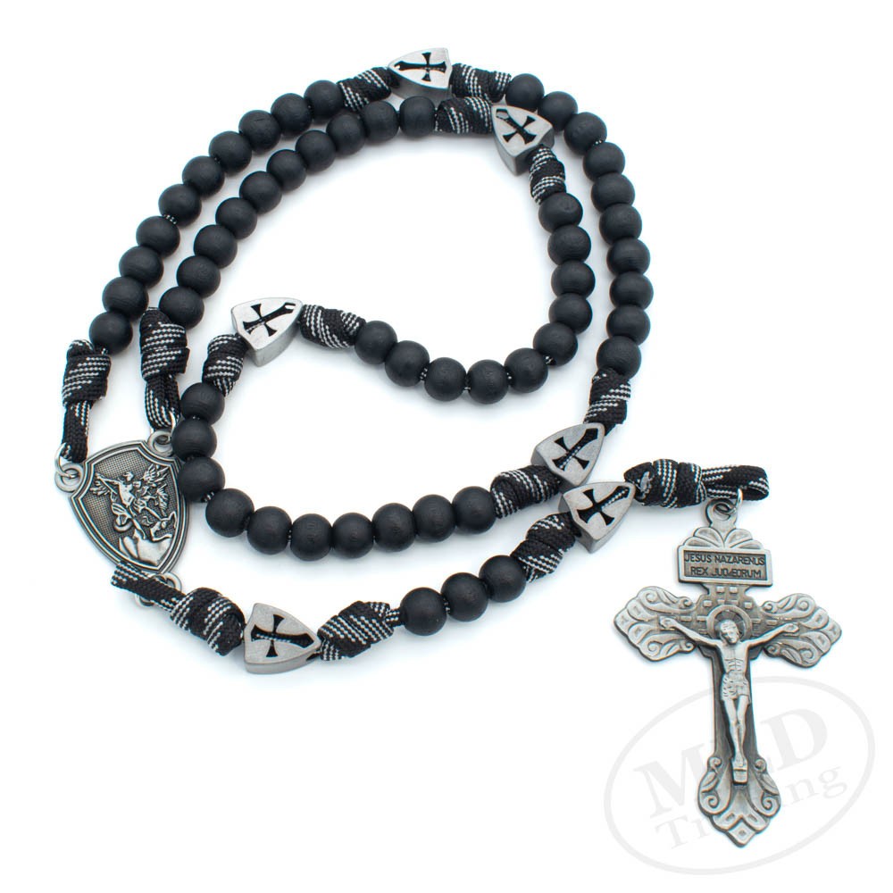 Saint St Michael Black Rosary Necklace – Large Paracord Wood Beads Design 26"