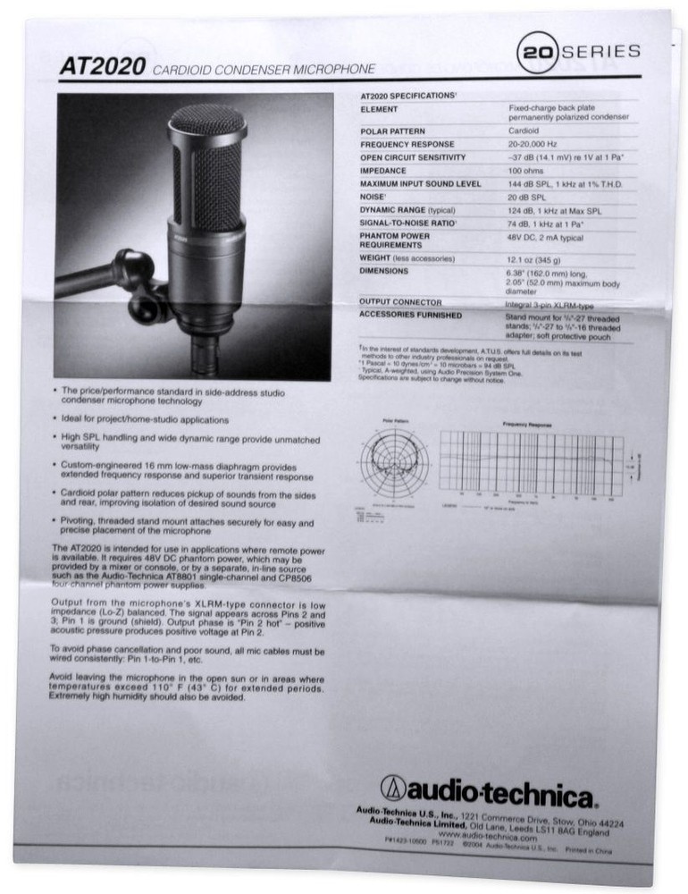 Audio Technica AT2020 Studio Recording Microphone Condenser Mic+Isolation Shield