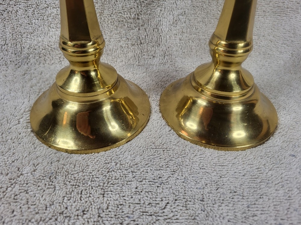 Vintage Solid Brass Hexagon Stem 7/8" Tapered Candlestick Holder Pair
