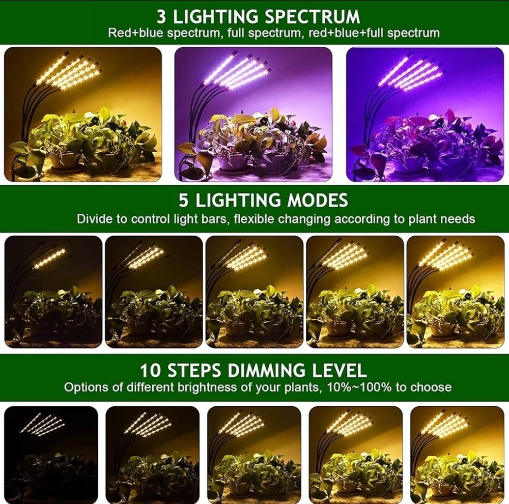 LED Indoor Grow Light / 5 Heads / Adjustable Modes / Grow Lamp / Timer
