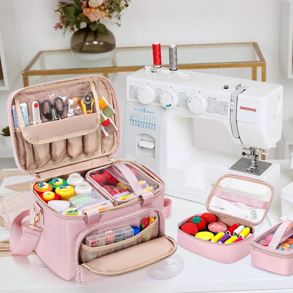 Pink Large Double-Layer Sewing Storage Organizer Bag Detachable Compartment