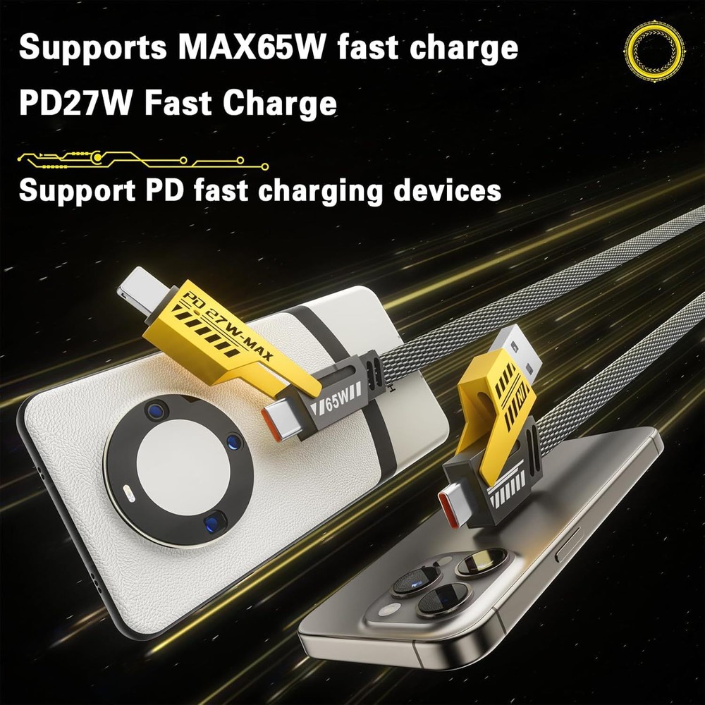 3Ft 65W 4 in 1 Multi Charging Cable Flat Braided USB C Charge Cord Data Transfer