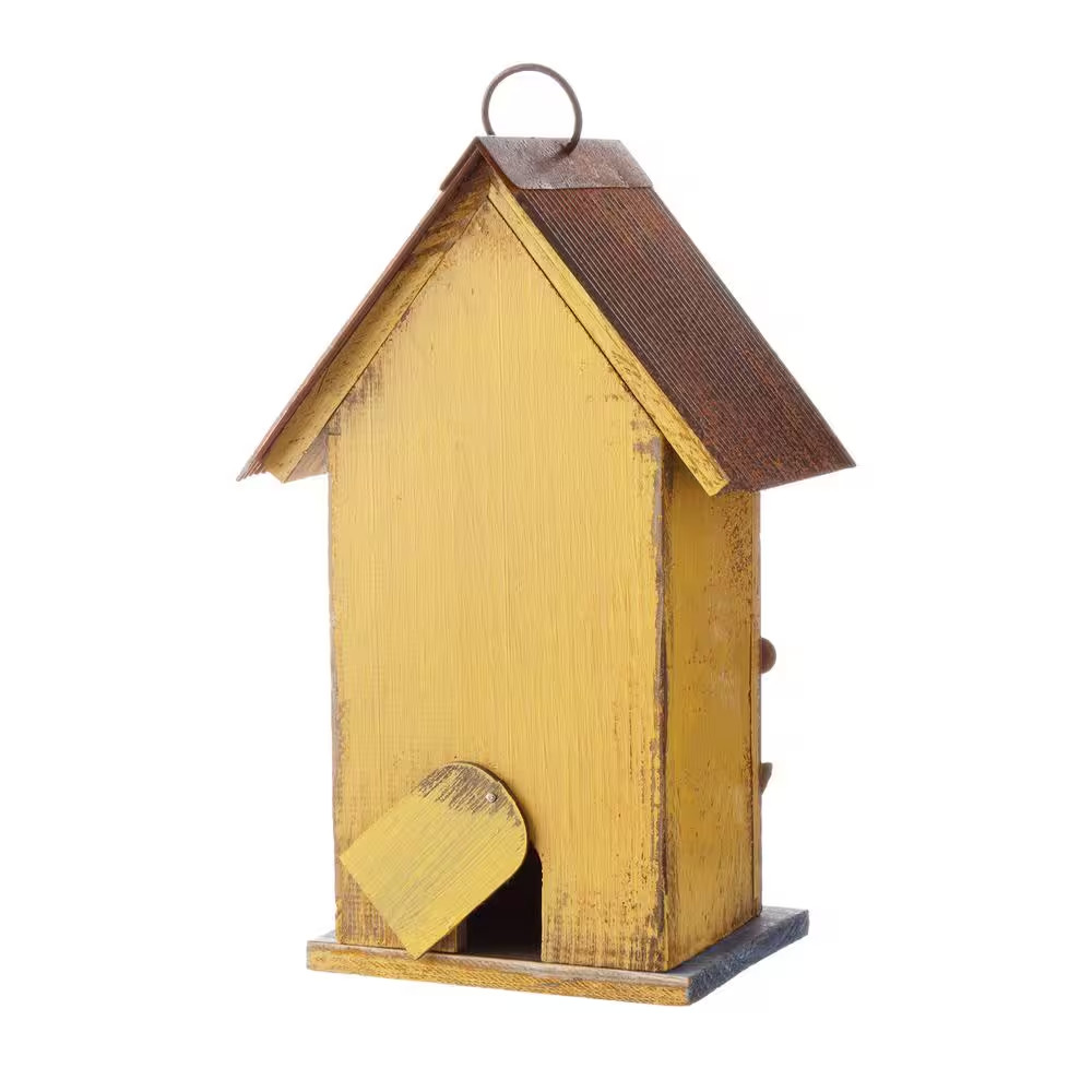 10.25 In. H Distressed Solid Wood Birdhouse with Flower