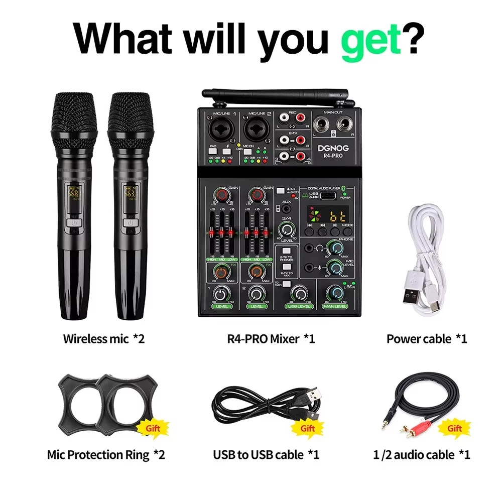 4 Channel Audio Mixer with Wireless Microphone USB Sound Table Bluetooth Console