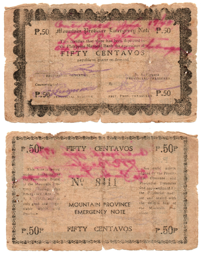 1942 Philippine Mountain Province 50c WW2 Emergency S594 Counter Signed LUBUAGAN