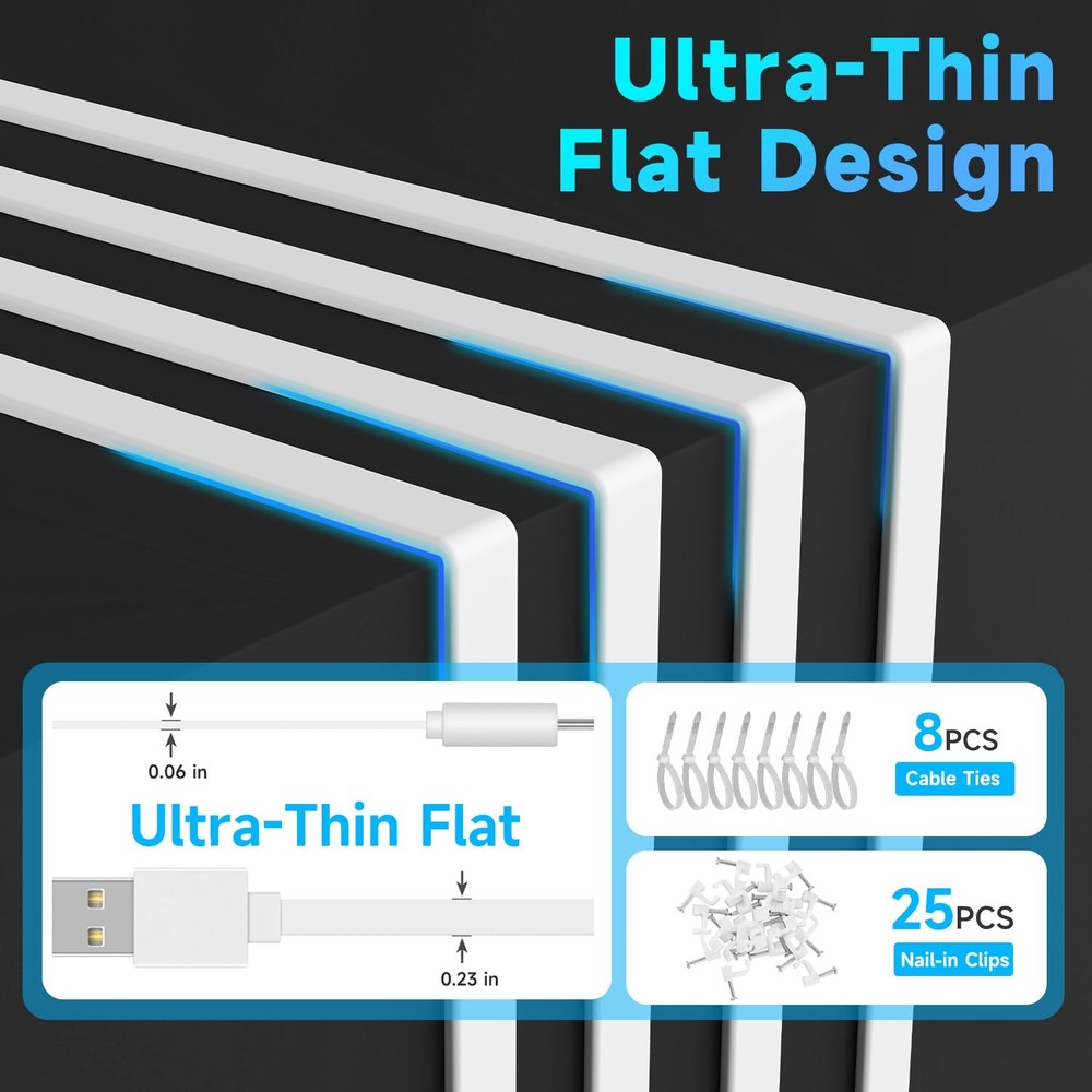10FT/3M Flat Power Extension Cable for USB C Enabled Home Security Cameras or Ot