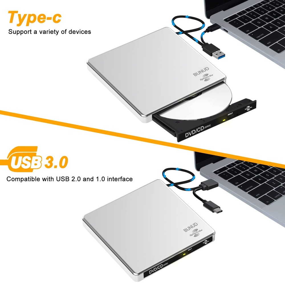 External CD DVD Drive LightScribe CD/DVD +/-RW Burner Player Writer Silver