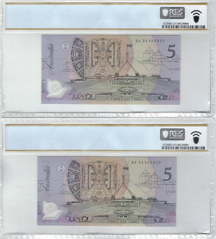 Consecutive Pair First Prefix BA93 1993 Fraser Evans $5 Banknotes PCGS 67