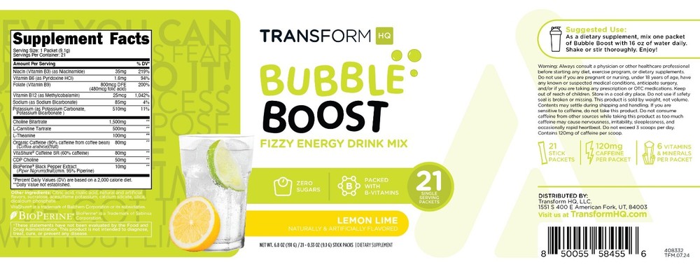 TransformHQ Bubble Boost Fizzy Energy Drink Mix (Lemon Lime Flavored) 21 Packets