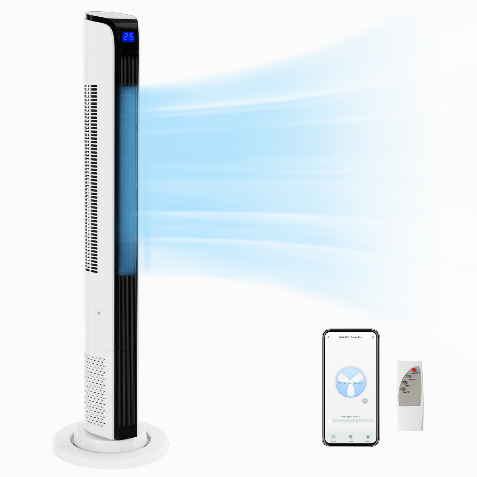 42inch Smart Tower Fan, Bladeless Floor Fan with 3 Modes 3 Speeds, APP/Remote