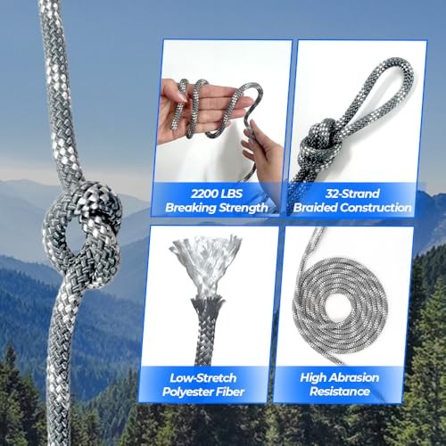 Heavy Duty Polyester Double Braided Rope, 1/4in X 55FT Gray - With Loop