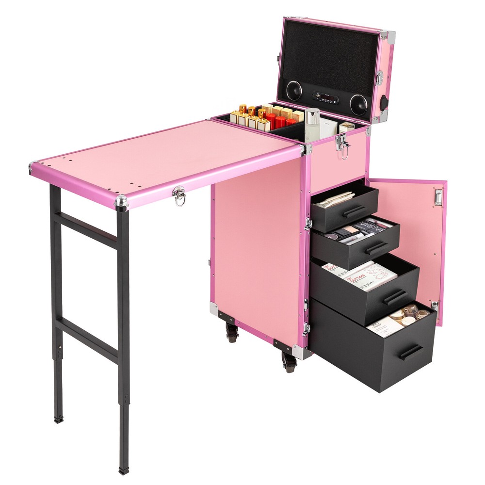 Nail Desk Mobile Station Rolling Makeup Train Case Manicure Table With Speaker
