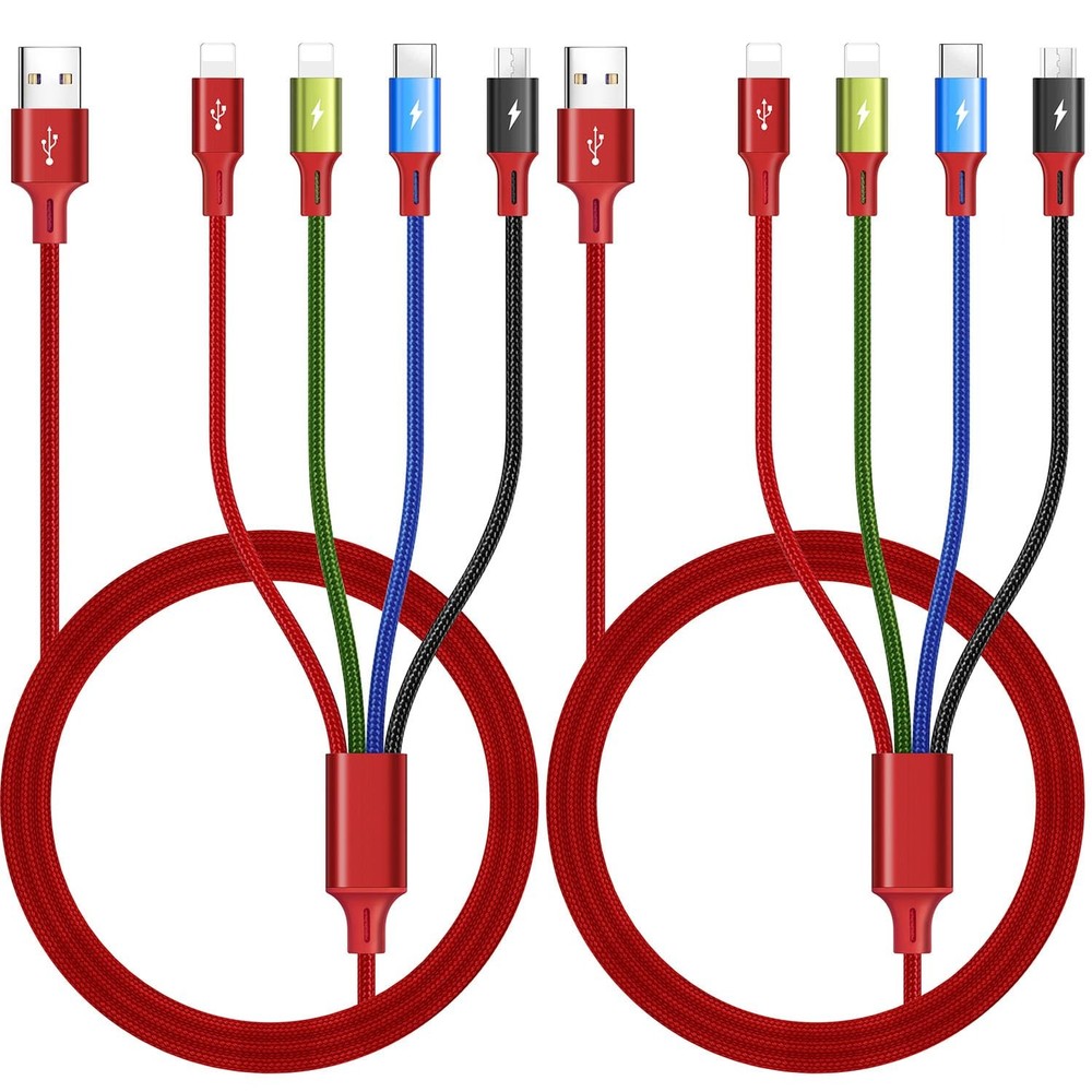 Multi Charging Cable 3.5A, [2Pack 6Ft] 4 in 1 Multiple Cord 6ft, Red