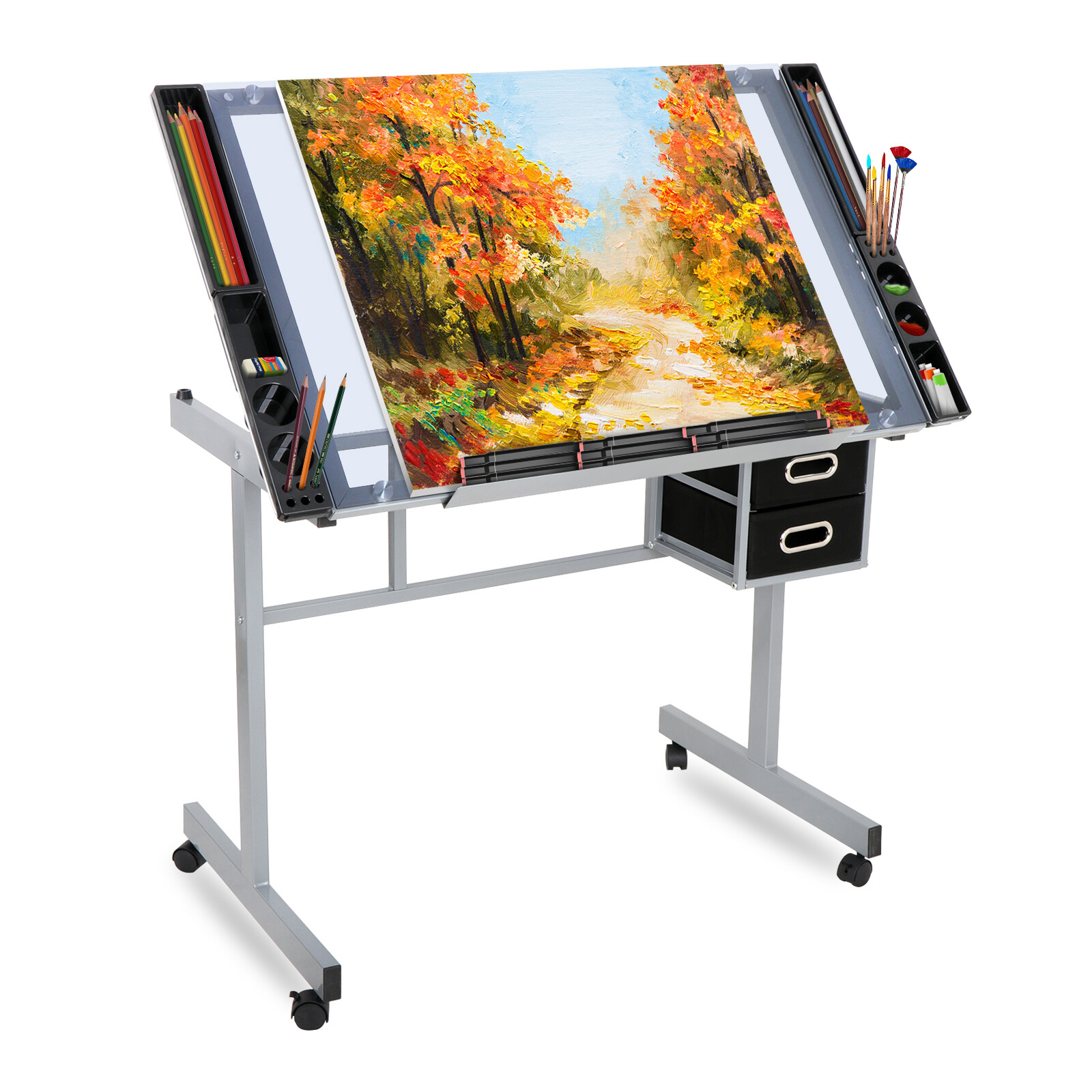 Drafting Table on Wheels Adjustable Glass Tabletop Drawing Desk w/Storage Drawer