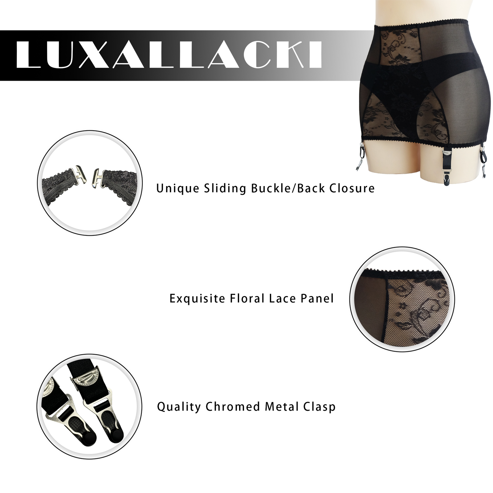 Luxallacki Mesh Floral Lace 6 Straps Garter Belt Shaping Girdle Sexy Lingerie