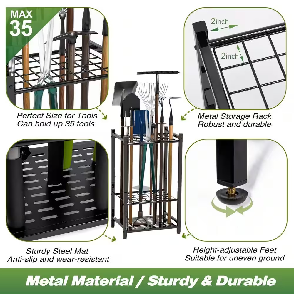 3-Tier Garden Tool Organizer for Garage Organization up to 35 Long-Handled Tools