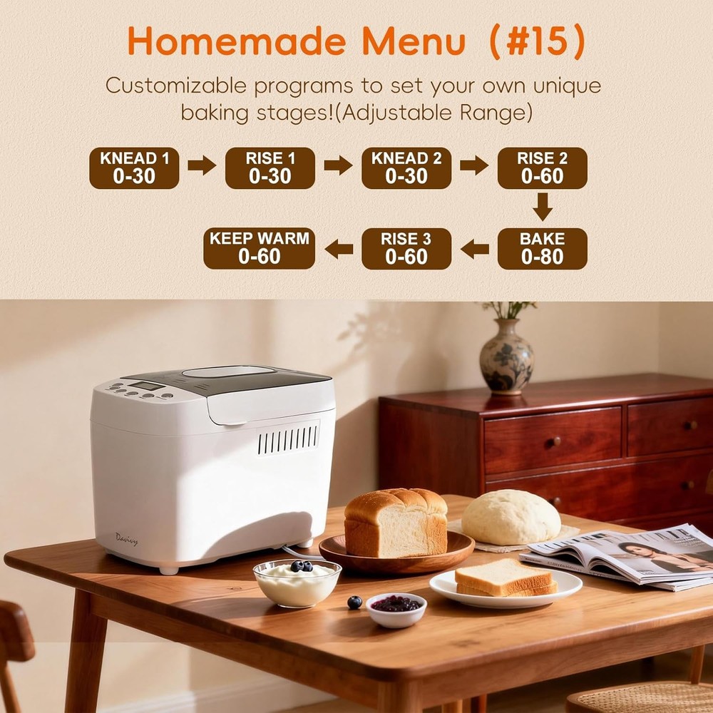 Davivy Bread Maker 3LB 15-in-1 Automatic Bread Machine w/ Silicone Baking Gloves
