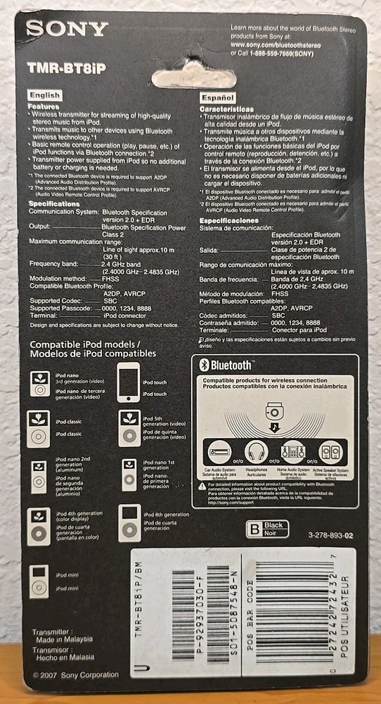 Sony Bluetooth Wireless Transmitter for iPod Black (TMR-BT8iP) Nano Classic Mini