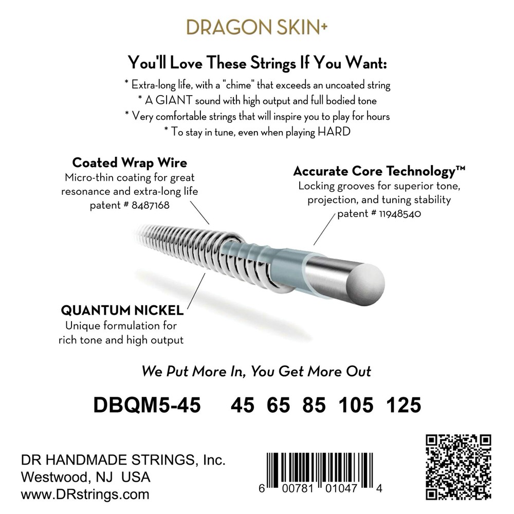 DR Strings DRAGON SKIN+ Bass Strings 5 String Multi-Scale Medium 45-125
