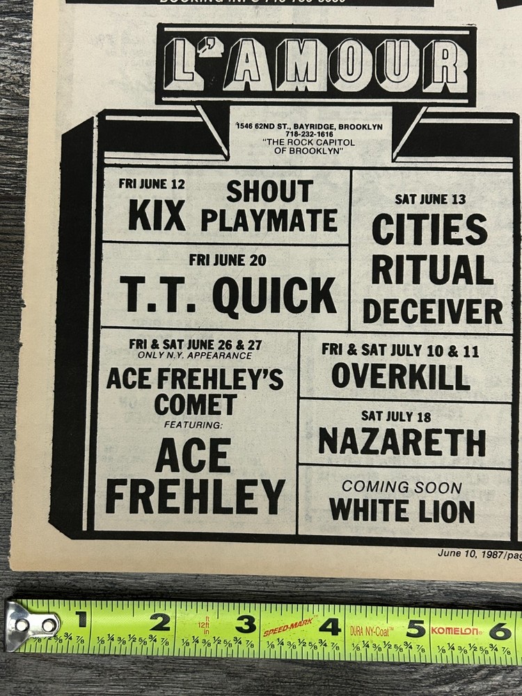 ACE FREHLEY Frehley's Comet Concert Ad Advert 1987 L'Amour NYC Vintage Kiss B