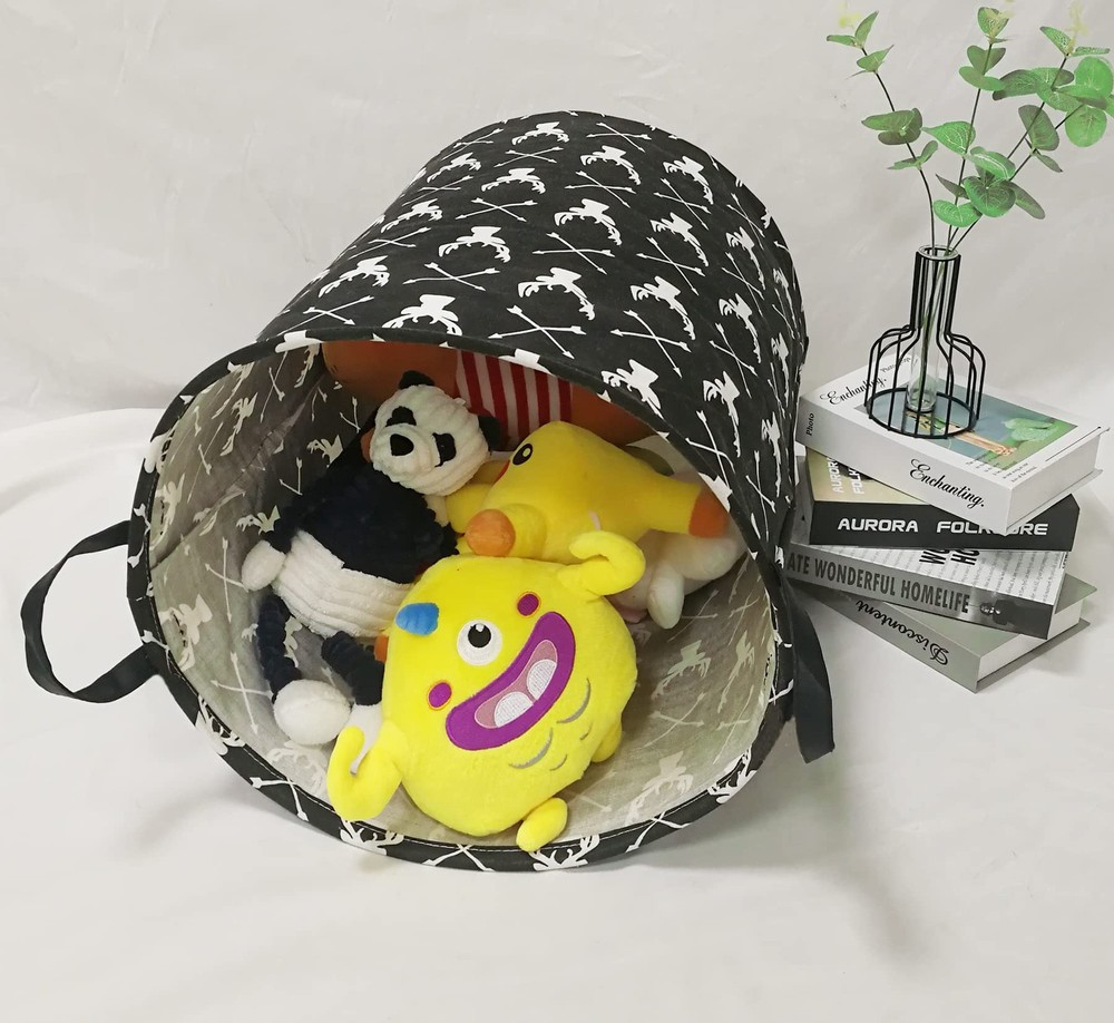 Round Laundry Hamper Deer Pattern Storage Organizer Basket Handles Bin Decor