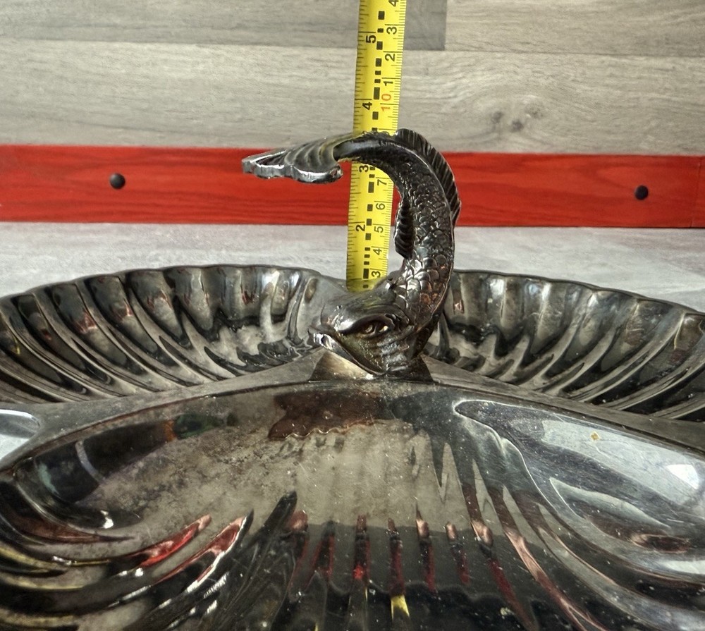 Silver Plated Three Scallop Shell Shaped Serving Dish Center Dolphin Handle