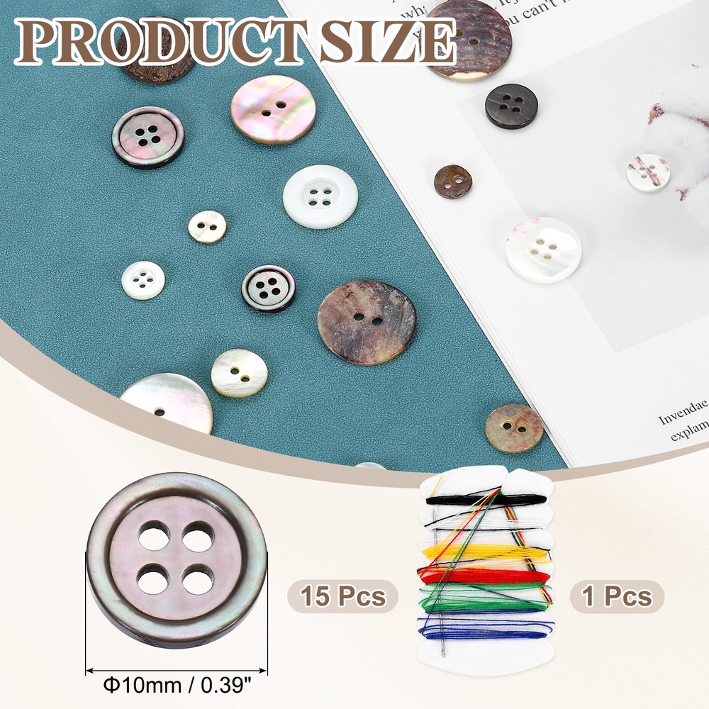 15Pcs 4 Hole 10mm Natural Shell Button with Sewing Thread Kit, Black