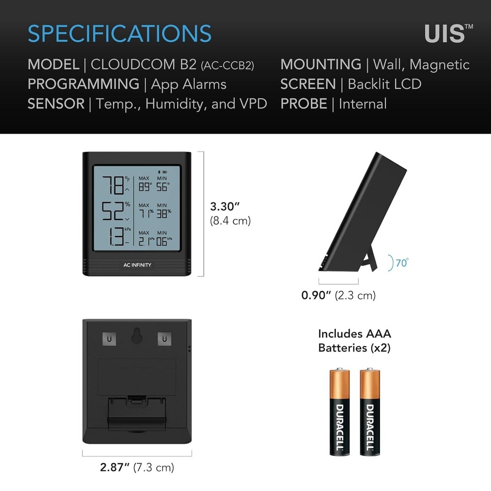 AC Infinity CLOUDCOM B2, Temperature Humidity VPD Smart Hygrometer with Black