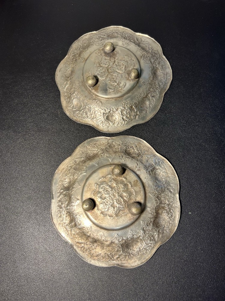 Middle Eastern Vintage 1940s Set Of 2 Silverplated Footed Repousse Plates, 6.5”