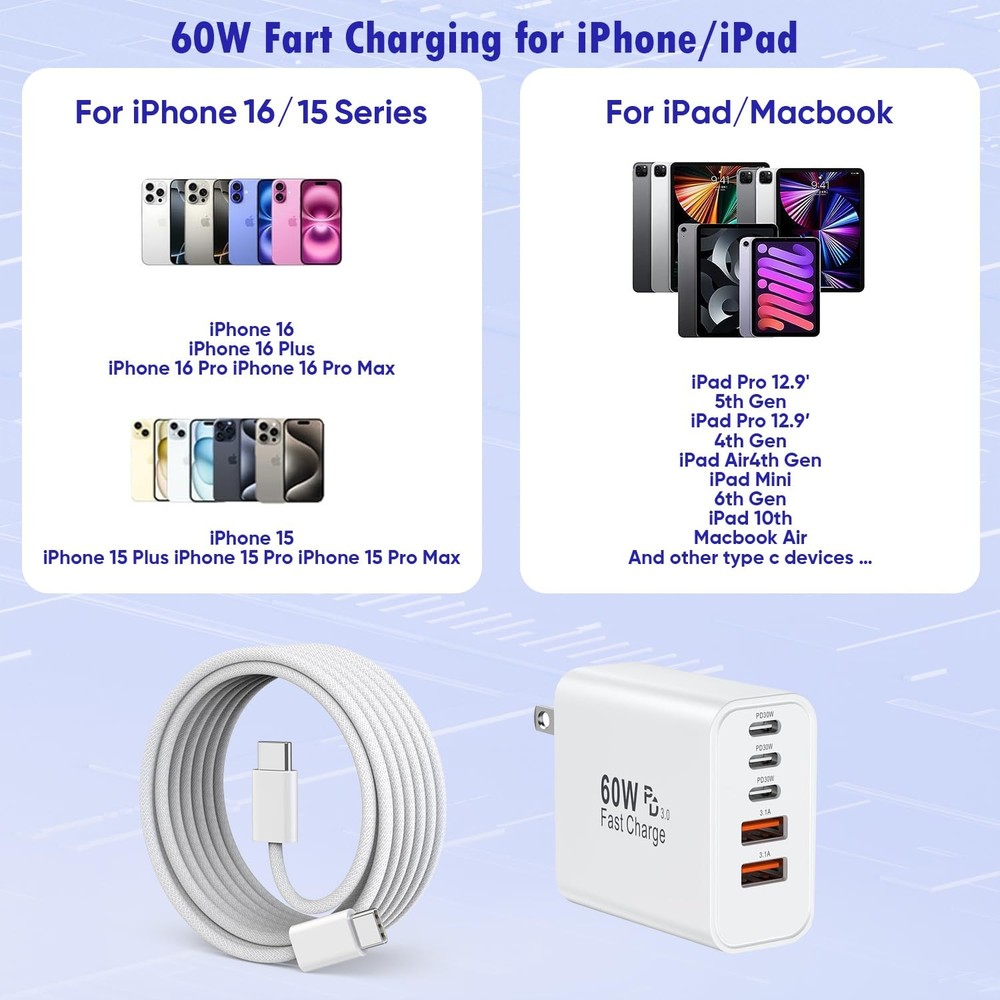 iPhone 17/16 Fast Charger Block,2 Pack 60W USB Charging Braid 6FT, White