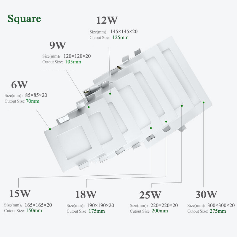 Dimmable Recessed Led Panel Light Ceiling Down Lights Lamp Square 9/12/15/18/30W