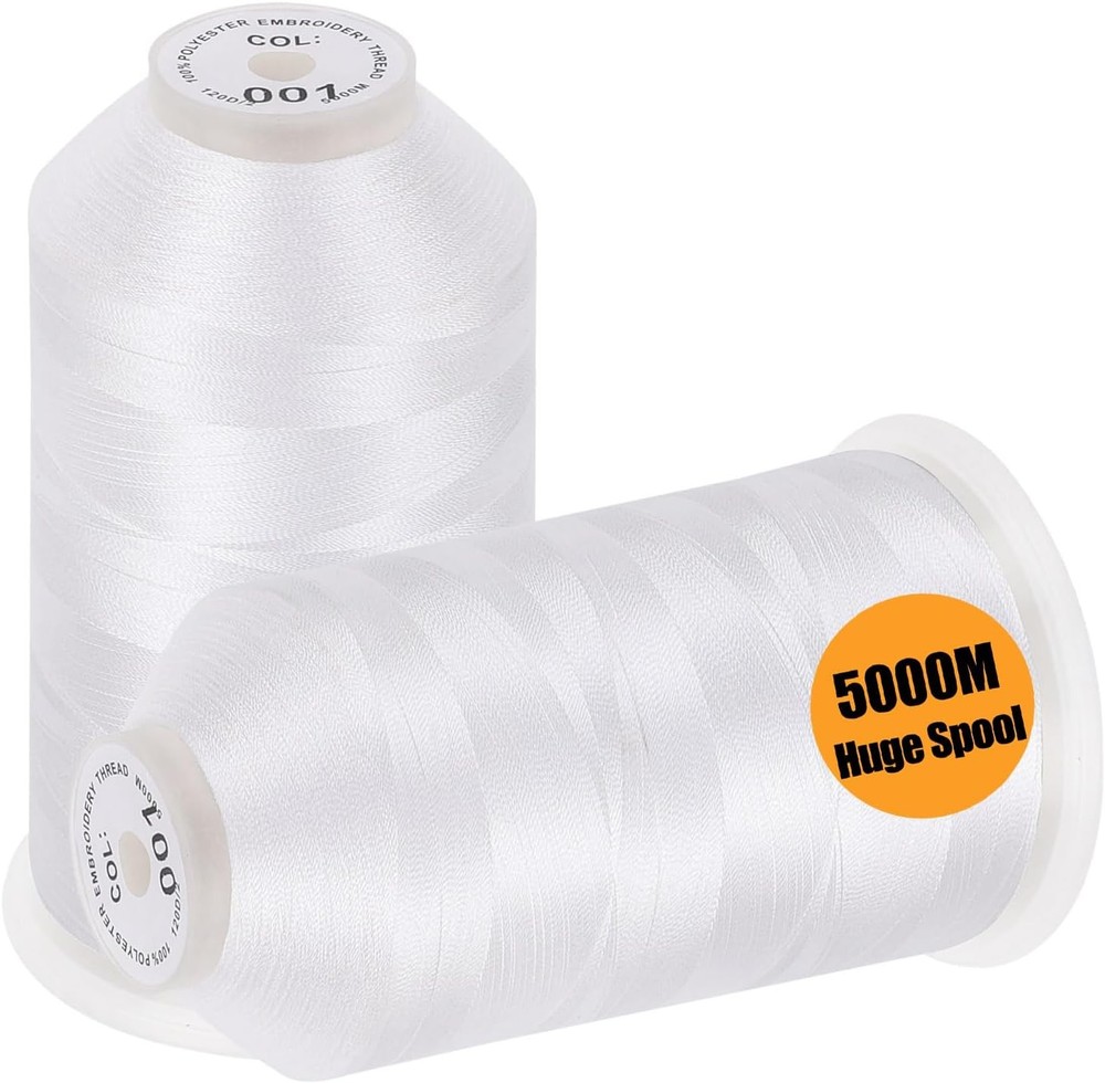 5000M Embroidery Thread White Polyester 40WT 2 Huge Spools for Sewing Machine