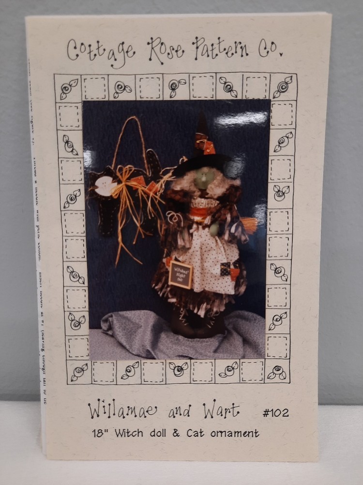 Cottage Rose Pattern ~ Willamae & Wart Witch Doll & Cat Ornament #102