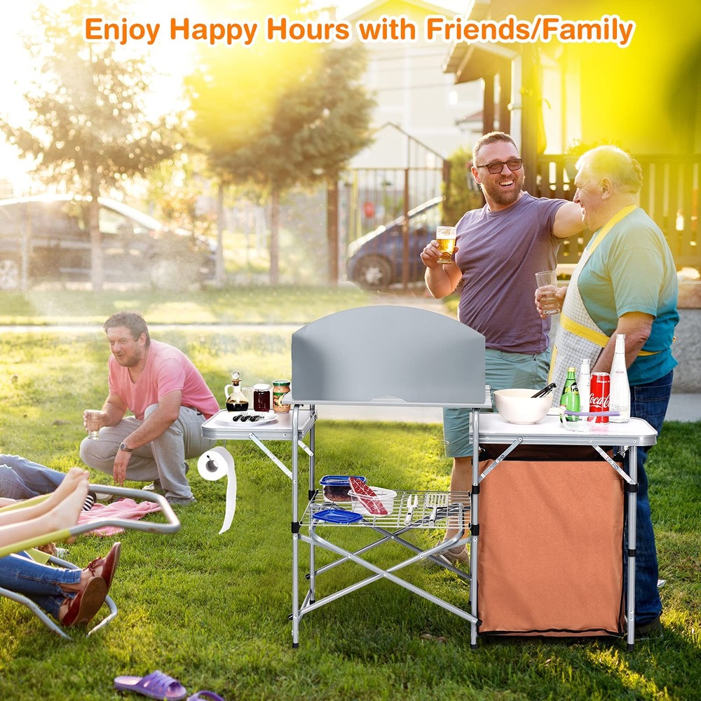Folding Camping Kitchen Table, Aluminum Portable Camping Grill Table with Win...