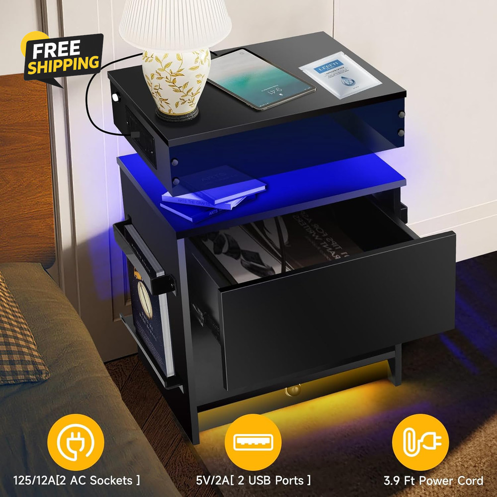 Nightstand with Induction Light & Side Charging Station, Modern Bedside Table