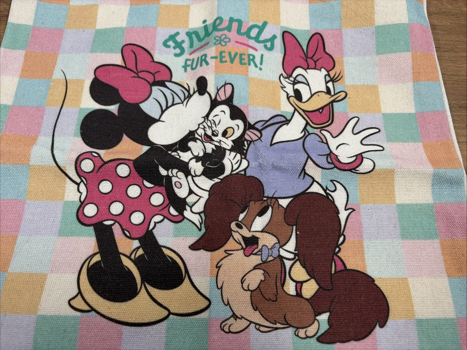 Disney Mickey and Friends Cute Picnic Canvas Tote Bag Pastel Checkered Pattern