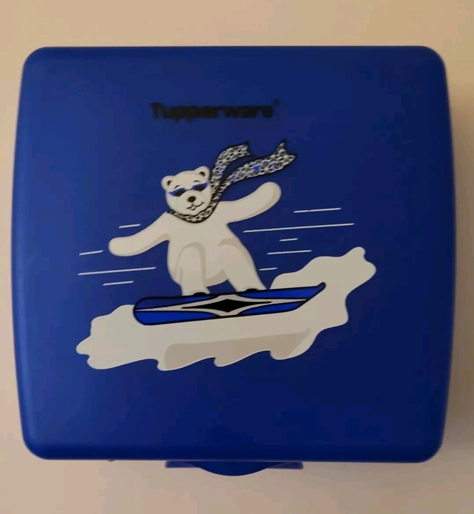 Blue Plastic Tupperware Polar Bear Snowboard Sandwich Keeper Lunchbox Container