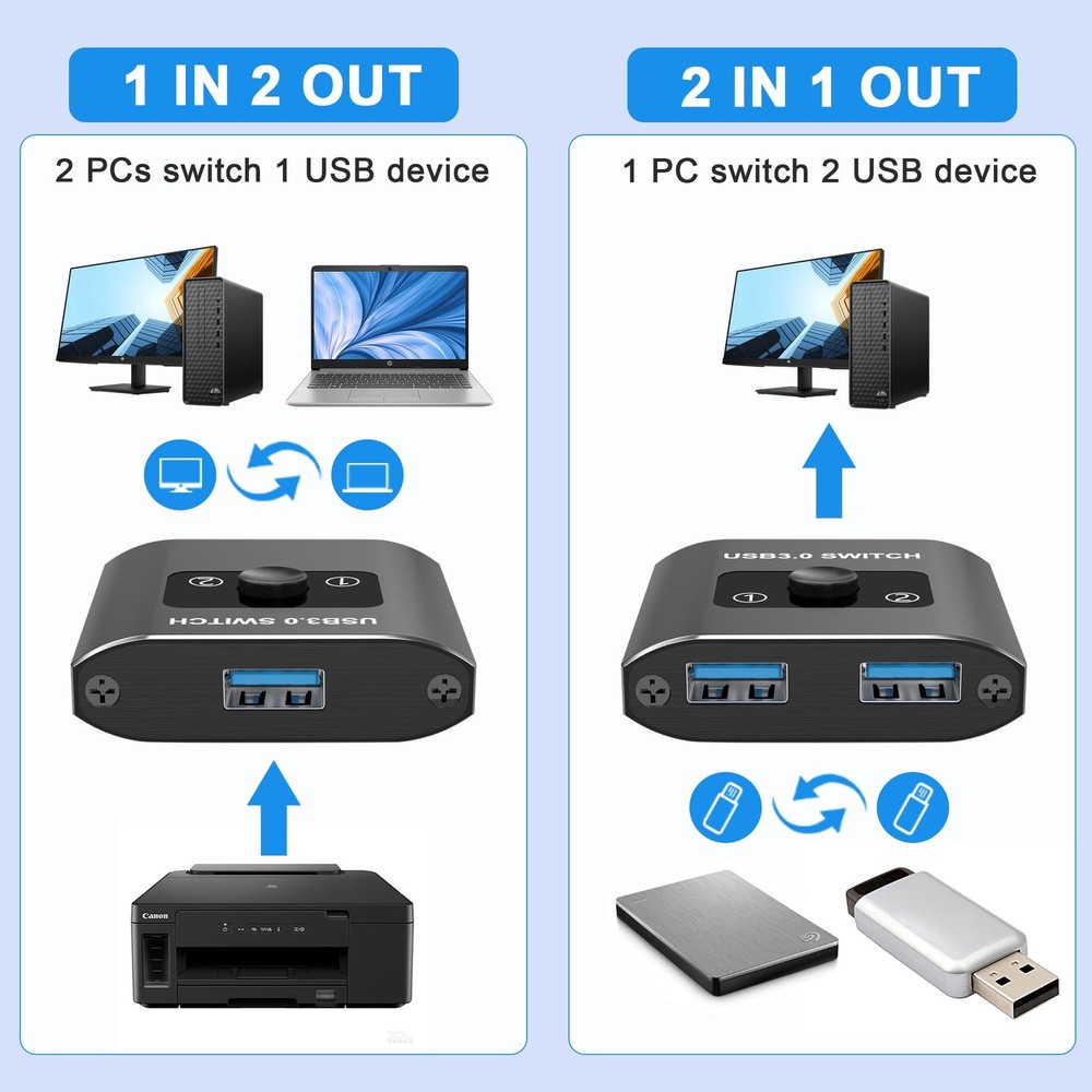 Bi-Directional USB 3.0 Switch Selector 2 in 1 Out Switcher 2 Computers Share