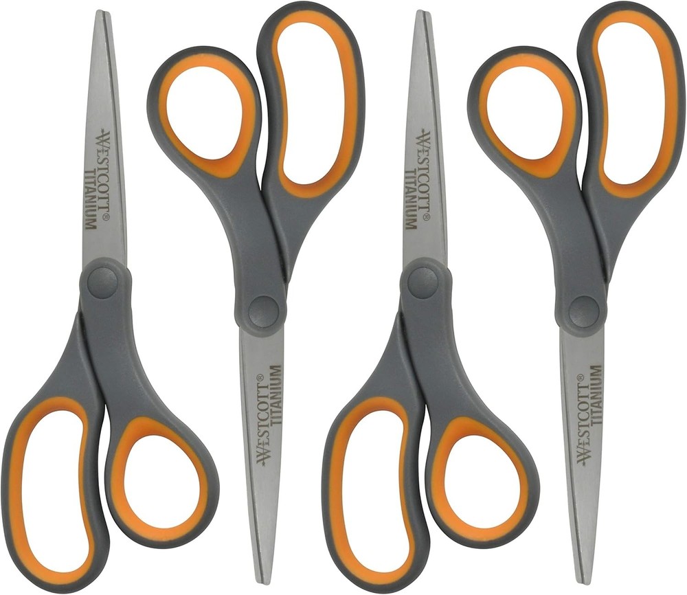 8-Inch Titanium Bonded Straight Scissors, Soft Handle, Gray/Yellow, 4-Pack