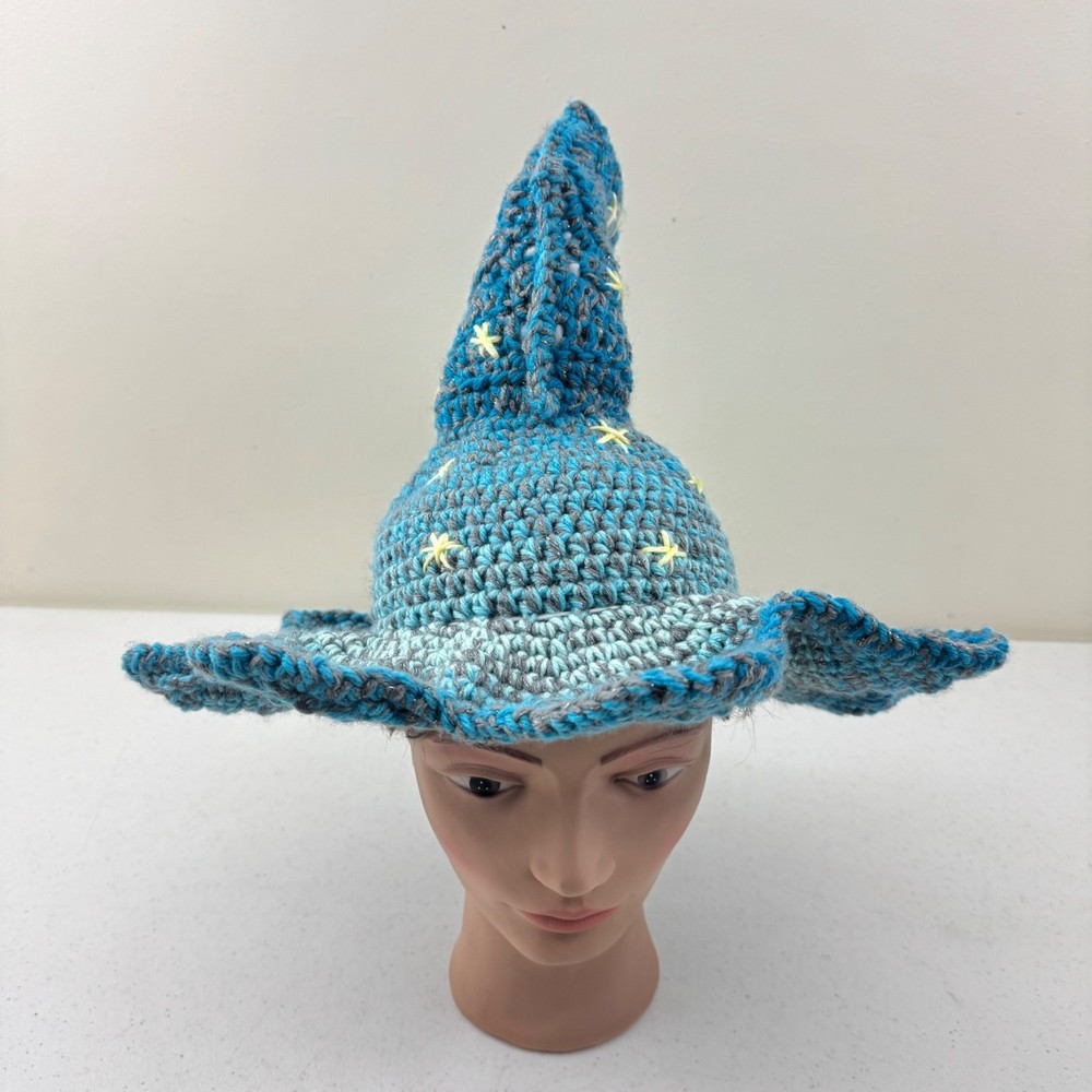 Handmade Crochet Moon & Star Bent Witch Hat glowing