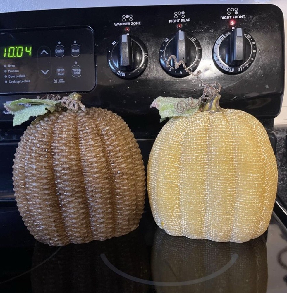 2 - Halloween/Fall Pumpkins w Leaf Stem, Battery Lighted, USED