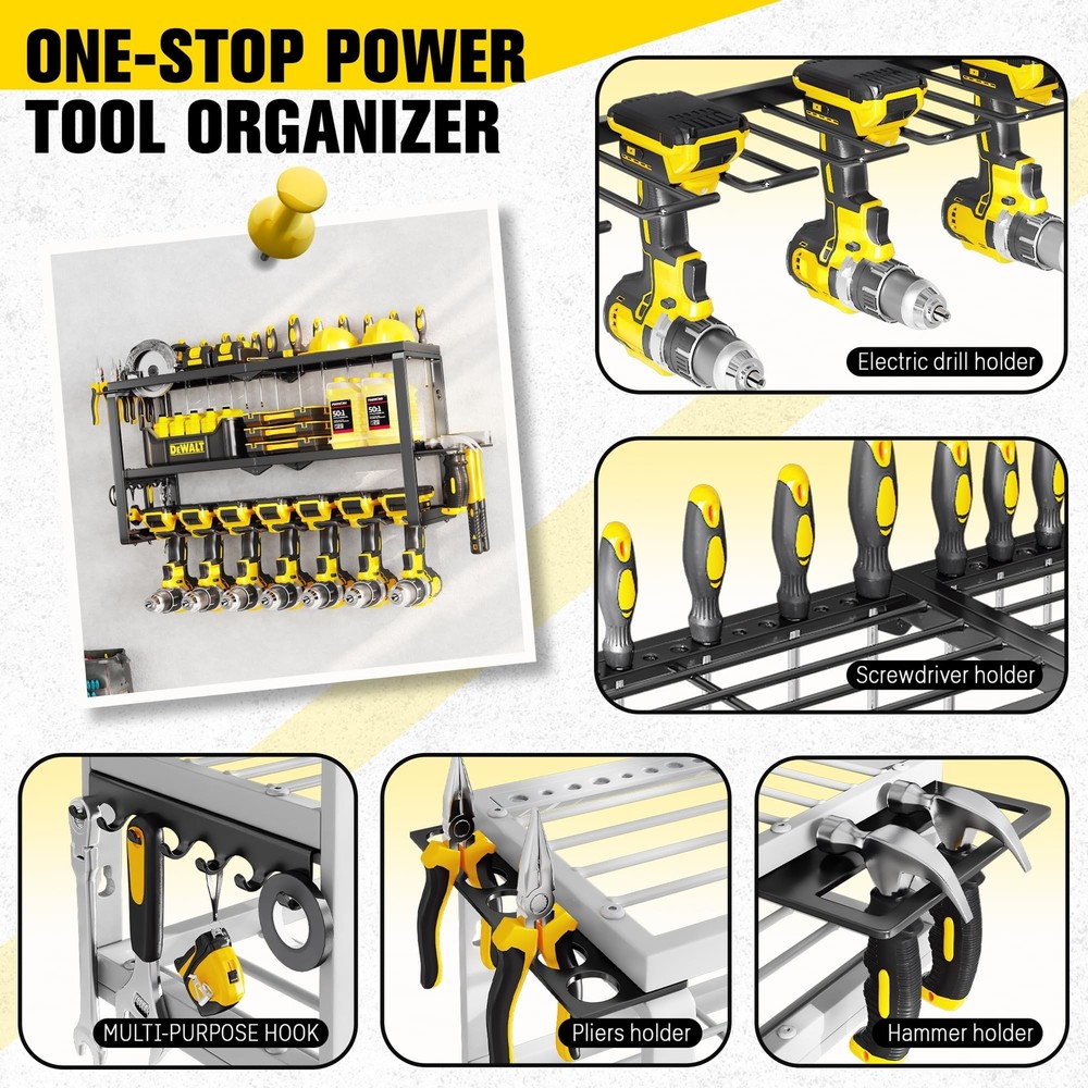 Power Tool Organizer Wall Mount - 150Lbs Load 3 Layers Storage Rack with 7 Dr...