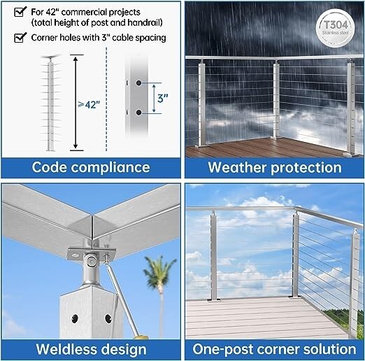 Muzata 42"x2"x2" Level drilled Cable Railing Post PS01 BC4L