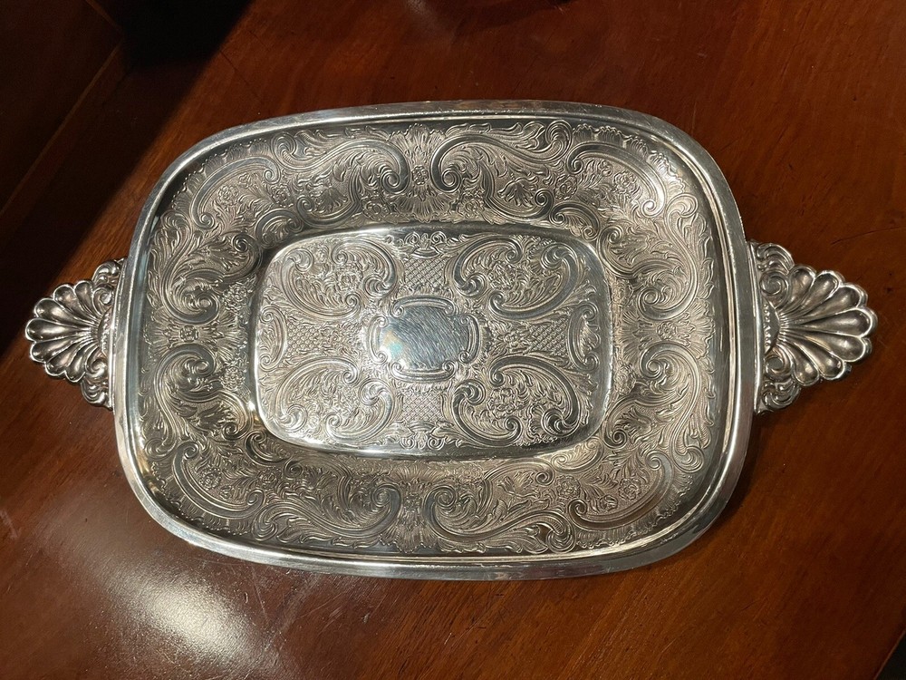BARKER ELLIS CHASED ENGLISH SILVER ON COPPER HANDLED TEA APPETIZER SERVING TRAY