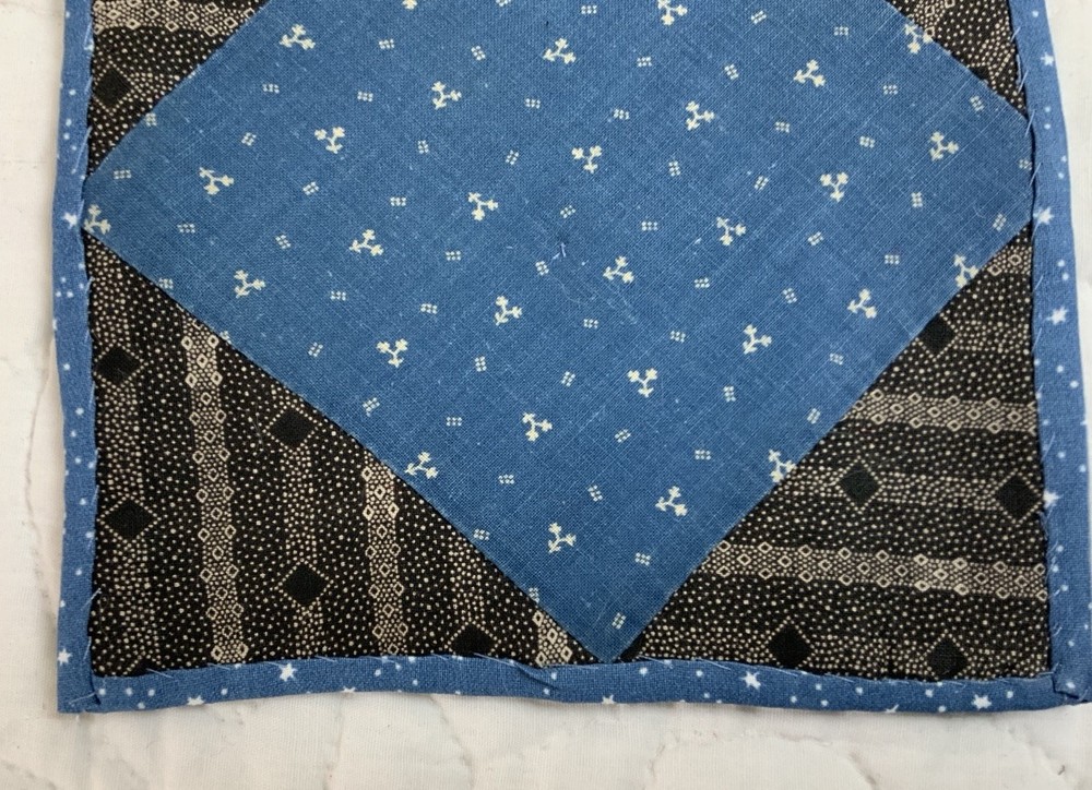 Antique Patchwork Quilt Table Topper, Early Calicos, Blue & Black, Triangles