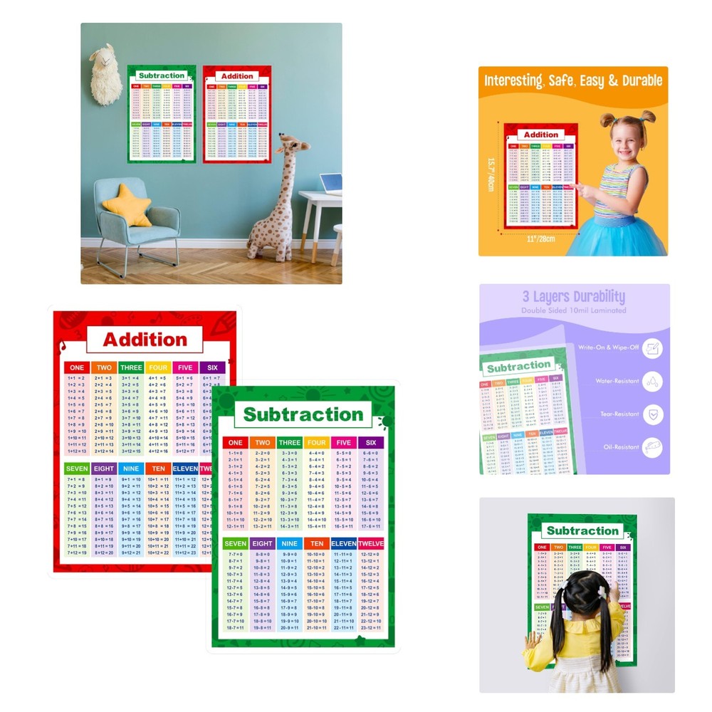 Laminated Educational Math Posters, Addition and Subtraction Math Learning To...