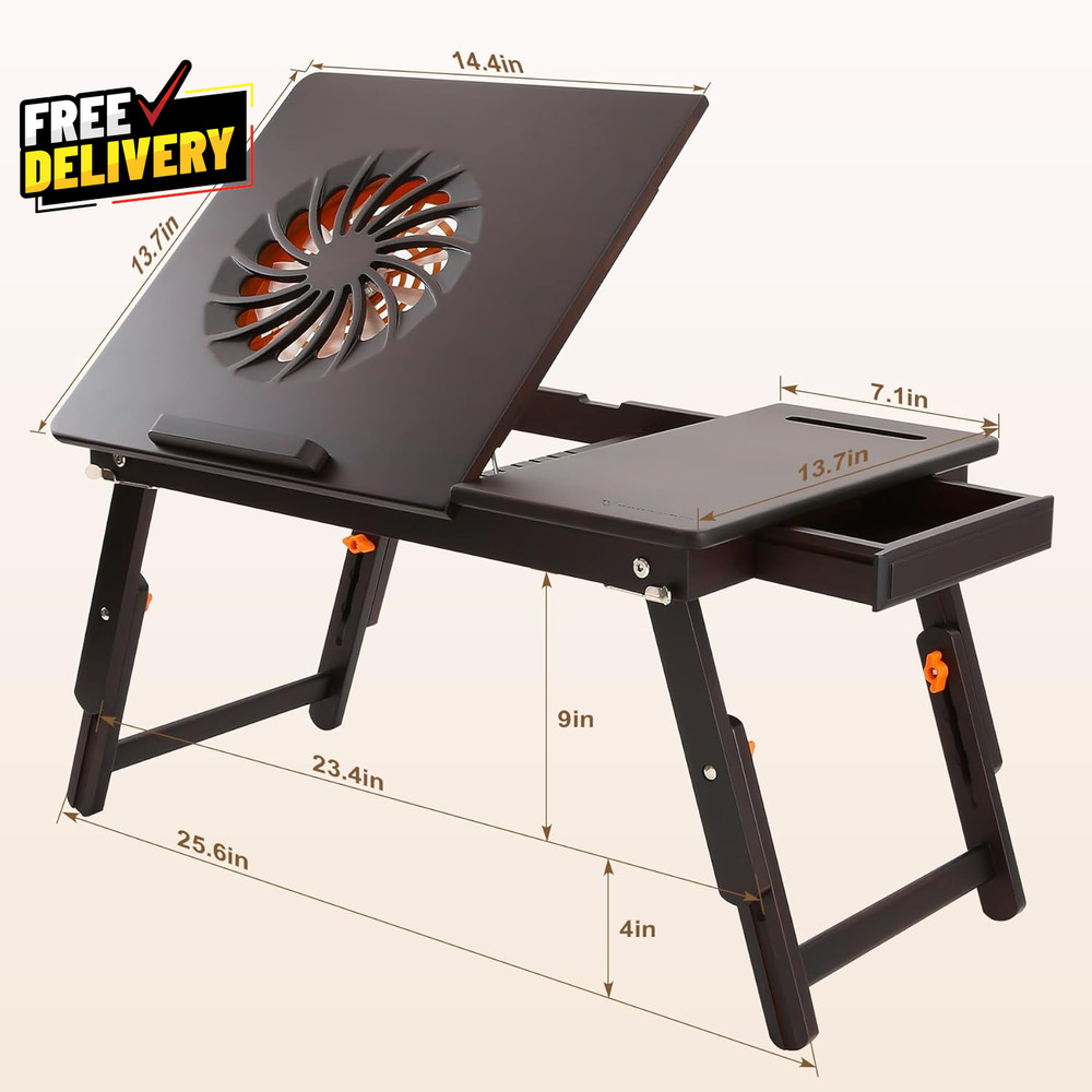 Adjustable Bamboo Laptop Desk for Bed 7 Angles 4 Heights Foldable Black Walnut