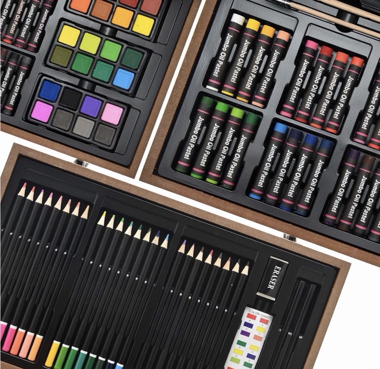 145 Piece Deluxe Art Set Wooden Art Box & Drawing Kit with Crayons Oil Pastels..