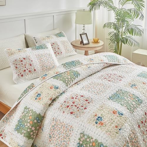 Patchwork Quilt Set Queen Full Size 88x88 3 PC Queen 90x90 Patchwork Green