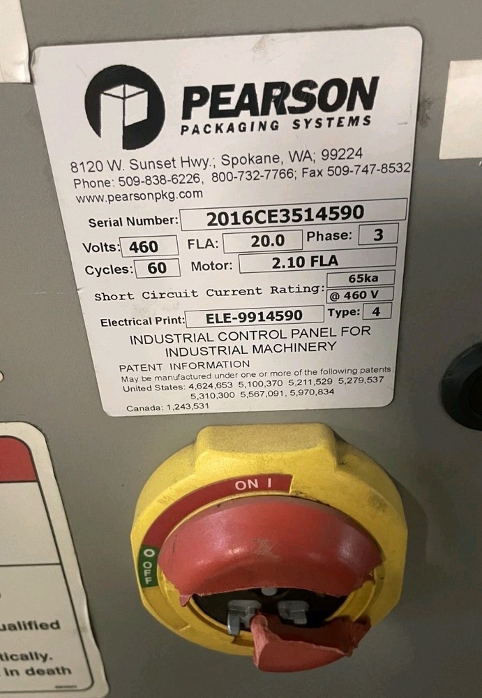 Pearson Packaging Systems 460V 3Ph Case Erector Box Forming Machine